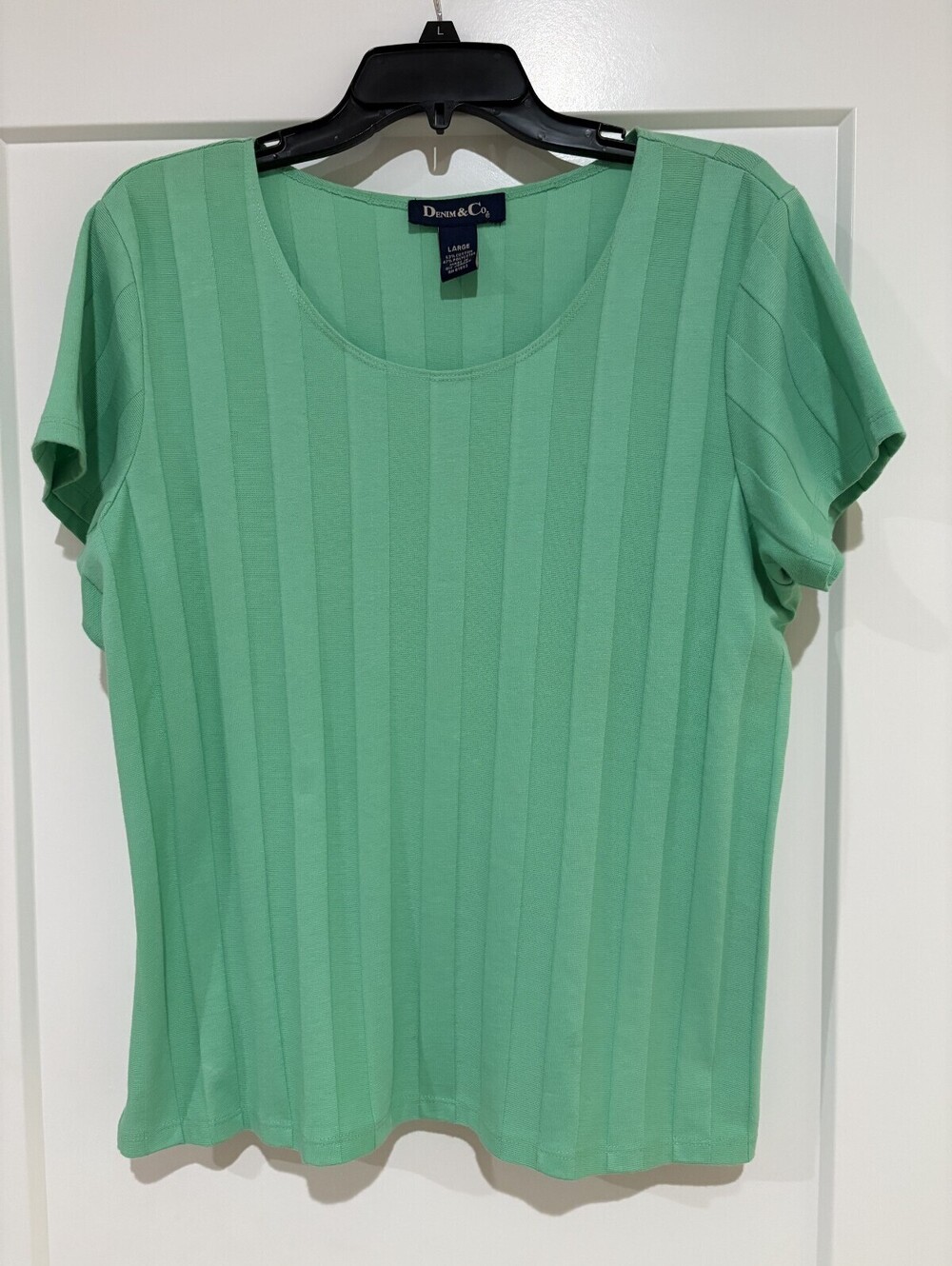 Denim & Co Women’s Large Green Ribbed Short Sleeve Scoop Neck Top Cotton Blend